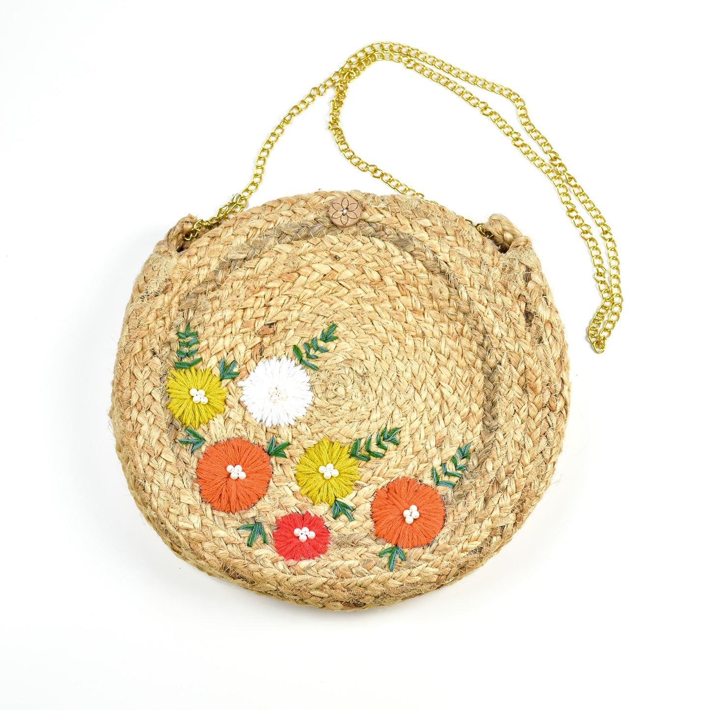 Floral Embroidered Jute & Macrame Round Sling bag