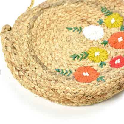 Floral Embroidered Jute & Macrame Round Sling bag