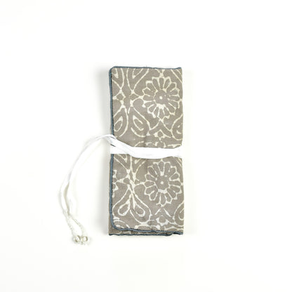 Grey Block Print Cotton Wrap-around Jewelry Organizer